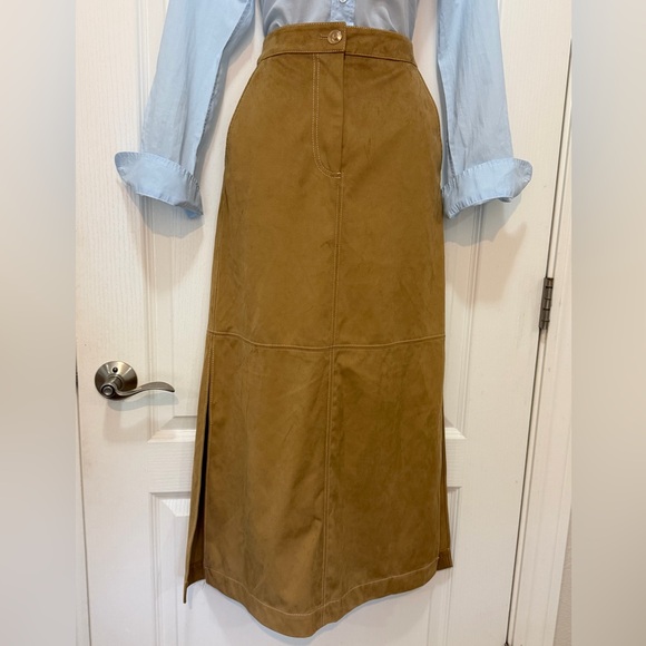 Staud Caramel Tan Poly Suede Retro Midi Maxi Pencil Column Skirt, Size 2 EUC - Picture 3 of 15